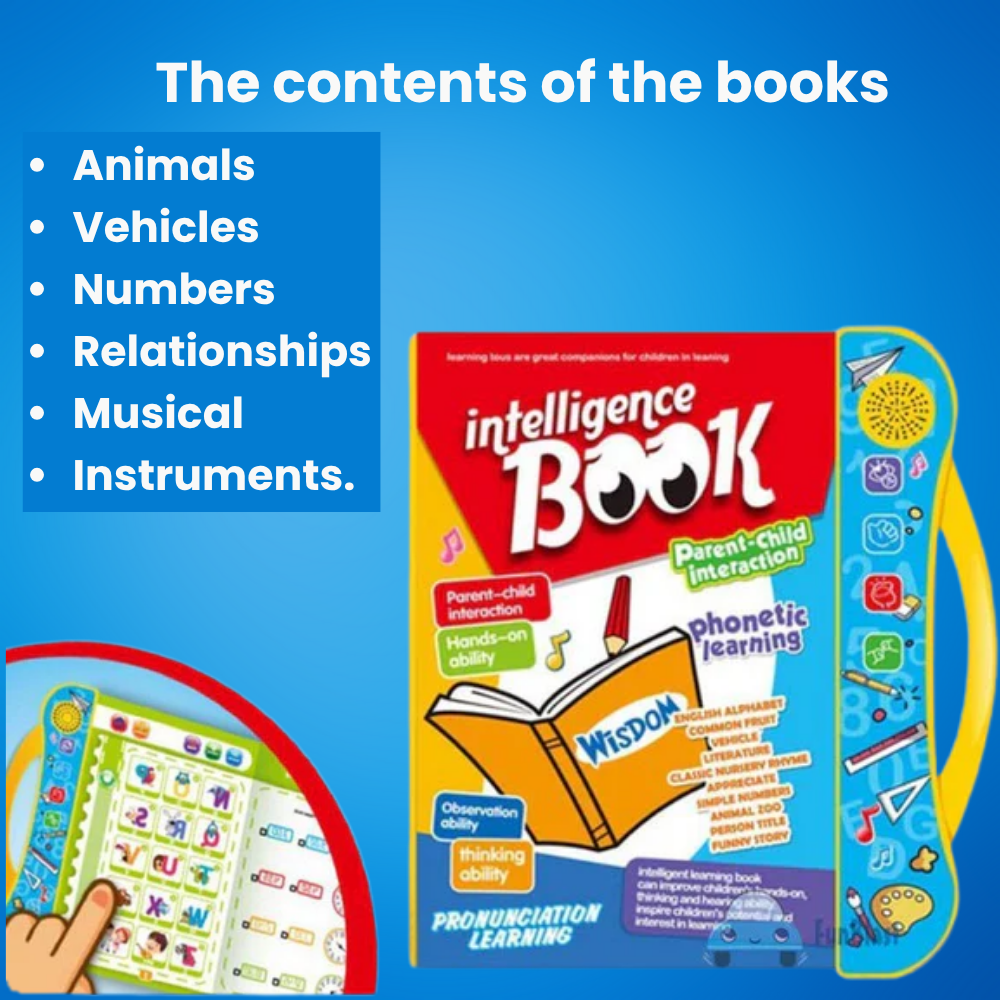 Interactive intelligence learning book for kids with sound buttons and wipe-clean pages, teaches animals, vehicles, numbers, musical instruments, relationships, and phonetic learning.
