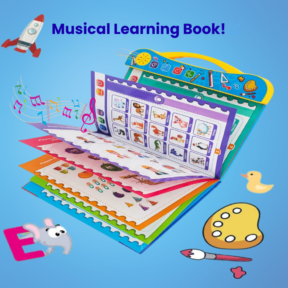 Colorful musical learning book for kids with interactive pages showing animals, shapes, and objects, designed for early education with sound and music features.