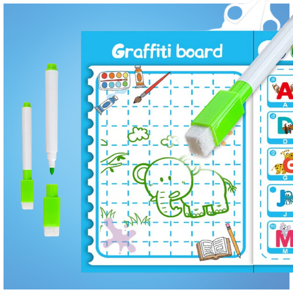 Graffiti drawing board page from kids learning book with green marker and eraser, featuring an elephant outline and art tools for creative doodling and writing practice.