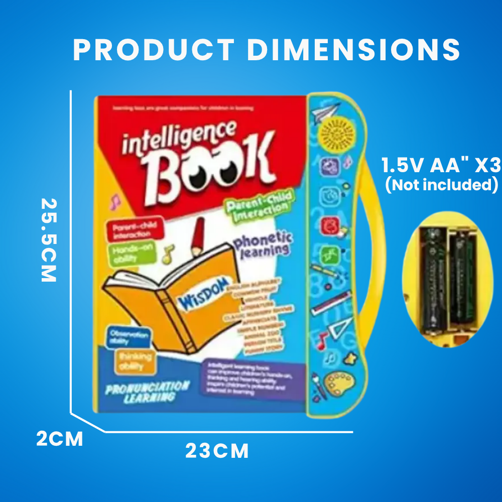 Educational intelligence book for kids with sound panel, dimensions 25.5x23x2 cm, powered by 3 AA batteries, ideal for phonetic and pronunciation learning.