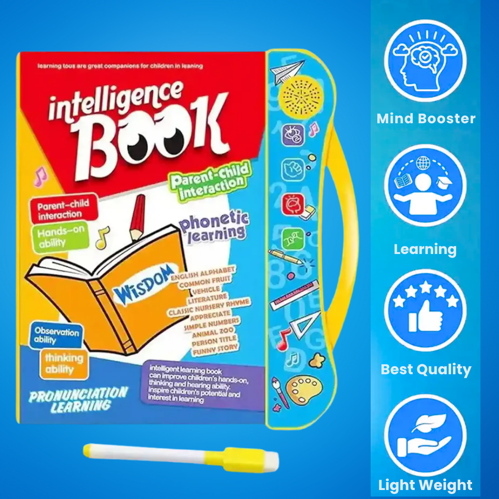 Interactive intelligence sound book for kids with audio buttons and wipe-clean pen, teaches alphabet, numbers, animals, vehicles, musical instruments, and phonetic learning.