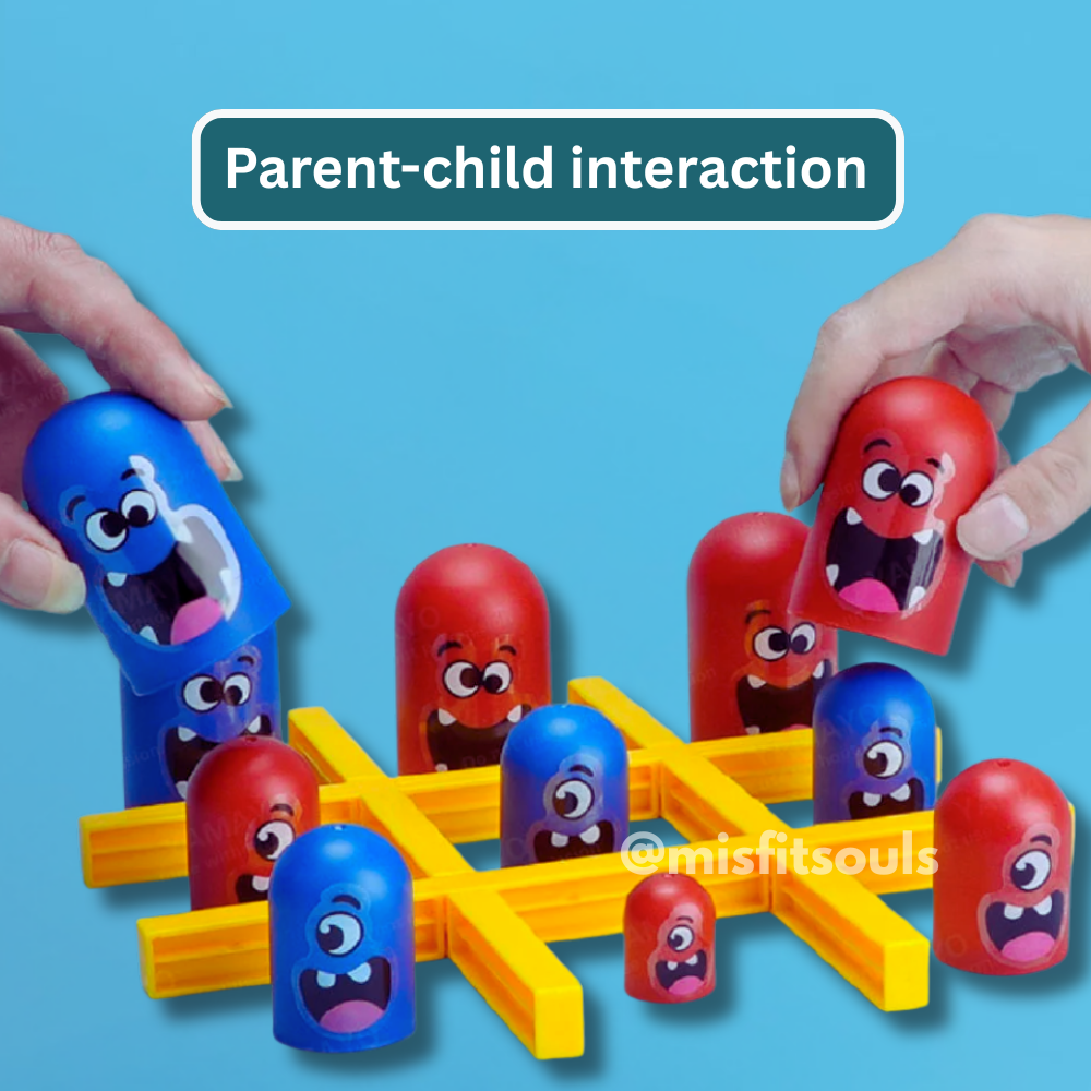 Hands playing with colorful red and blue cartoon-faced gobbler pieces on a yellow tic-tac-toe board game. Fun parent-child interaction toy, educational strategy game for kids and families, perfect for bonding, learning, and playtime.
