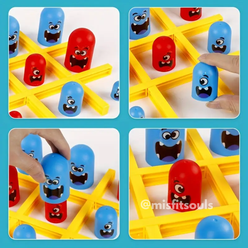 Hands playing Gobble Game with red and blue cartoon gobbler pieces on a yellow tic-tac-toe board. Close-up shots showing stacking and gameplay moments of this interactive strategy toy.