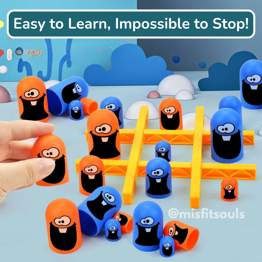 Colorful Gobble Game set with orange and blue cartoon pieces on a yellow grid board. Fun, easy-to-learn stacking strategy game for kids, families, and party play
