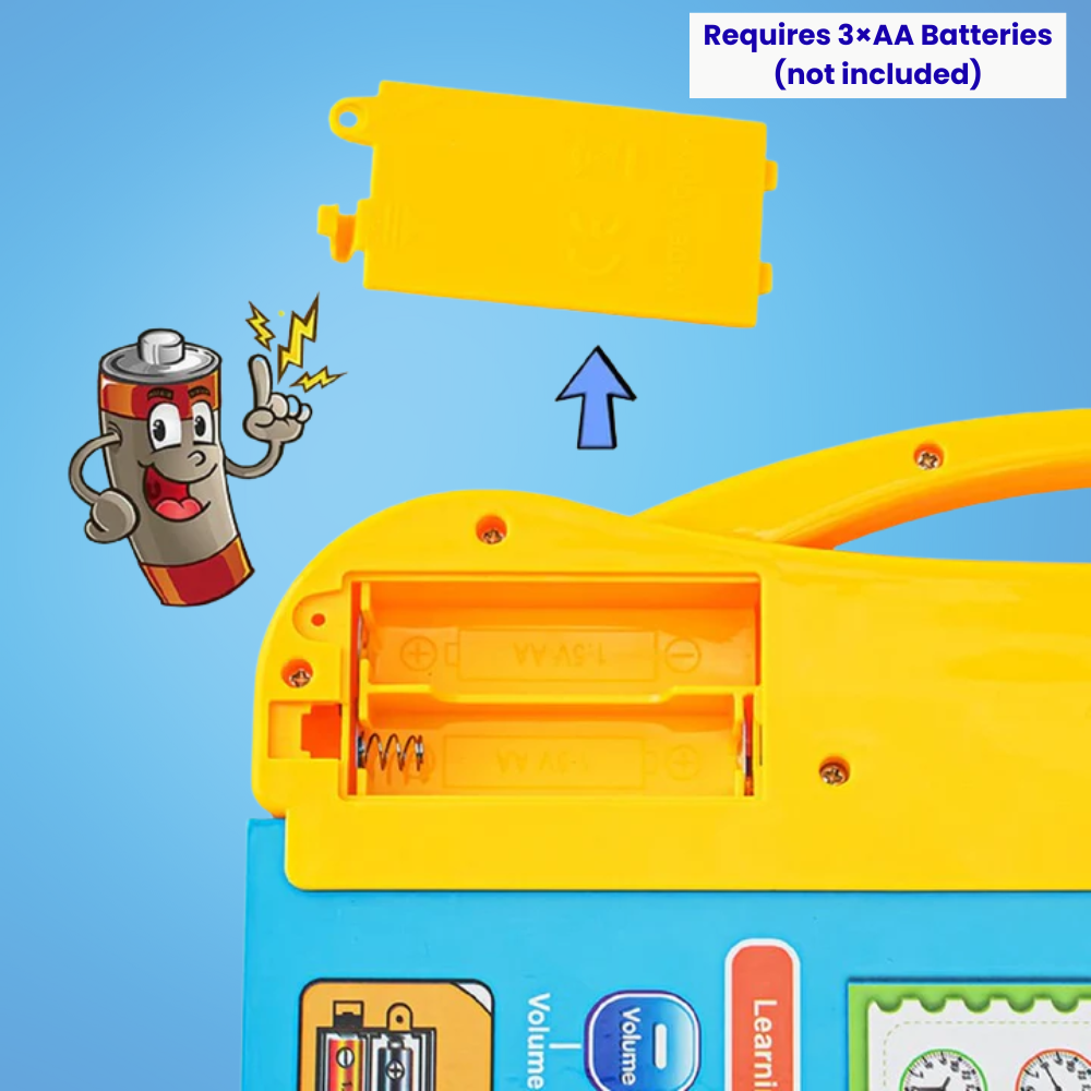 Battery compartment of educational sound book for kids showing 3xAA battery slot with cartoon battery illustration and removable cover.