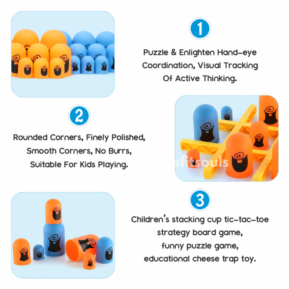 Gobble Game features colorful orange and blue cartoon stacking pieces for kids, designed to improve hand-eye coordination, thinking skills, and family interaction. Safe rounded edges, child-friendly materials, and a fun tic-tac-toe strategy puzzle game