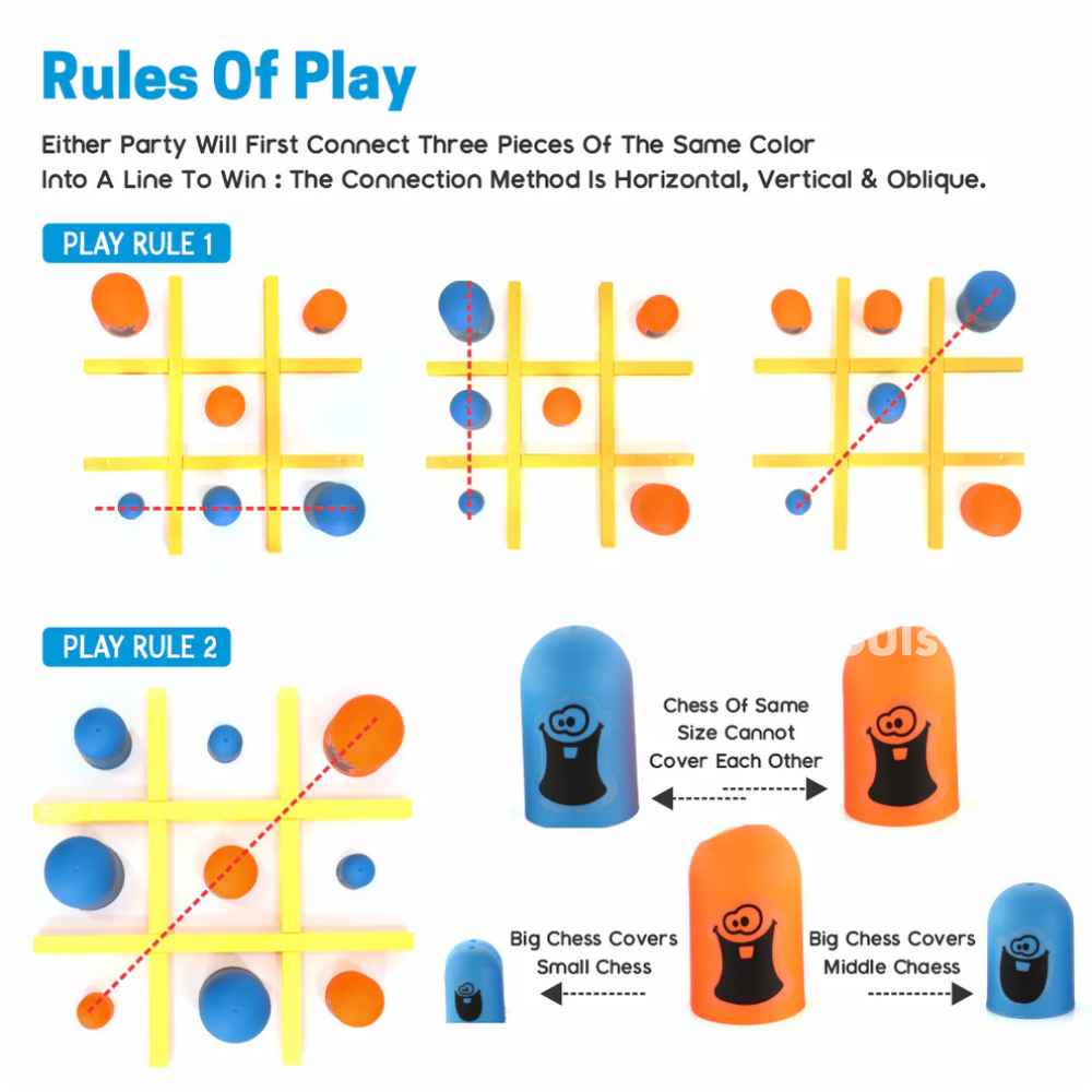 Rules of Gobble Game showing colorful tic-tac-toe board with stacking pieces in orange and blue. Instructions for winning by connecting three pieces in a row and size-based stacking rules.