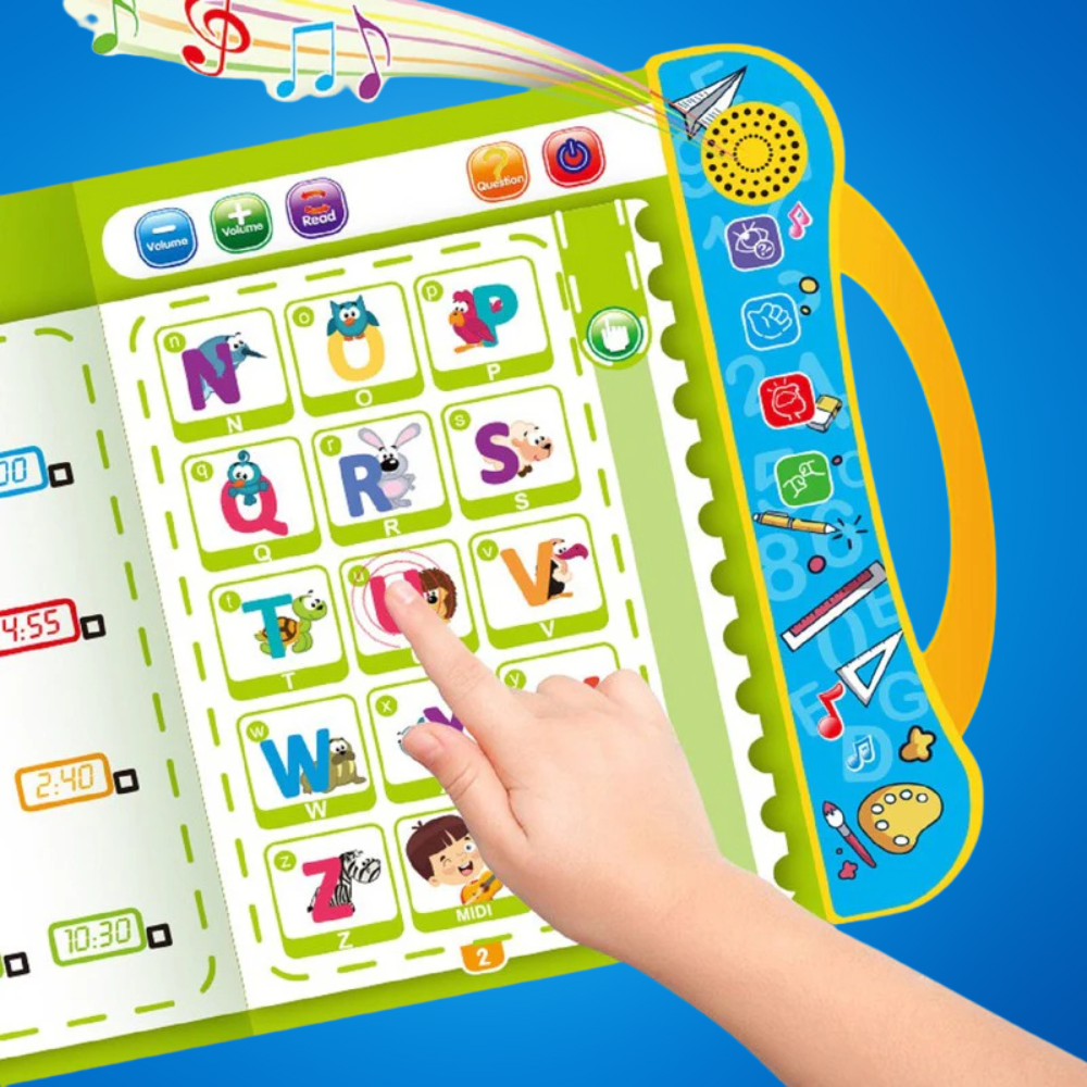 Child interacting with talking alphabet page in an educational sound book, pressing letter buttons to learn phonics, pronunciation, and word association.