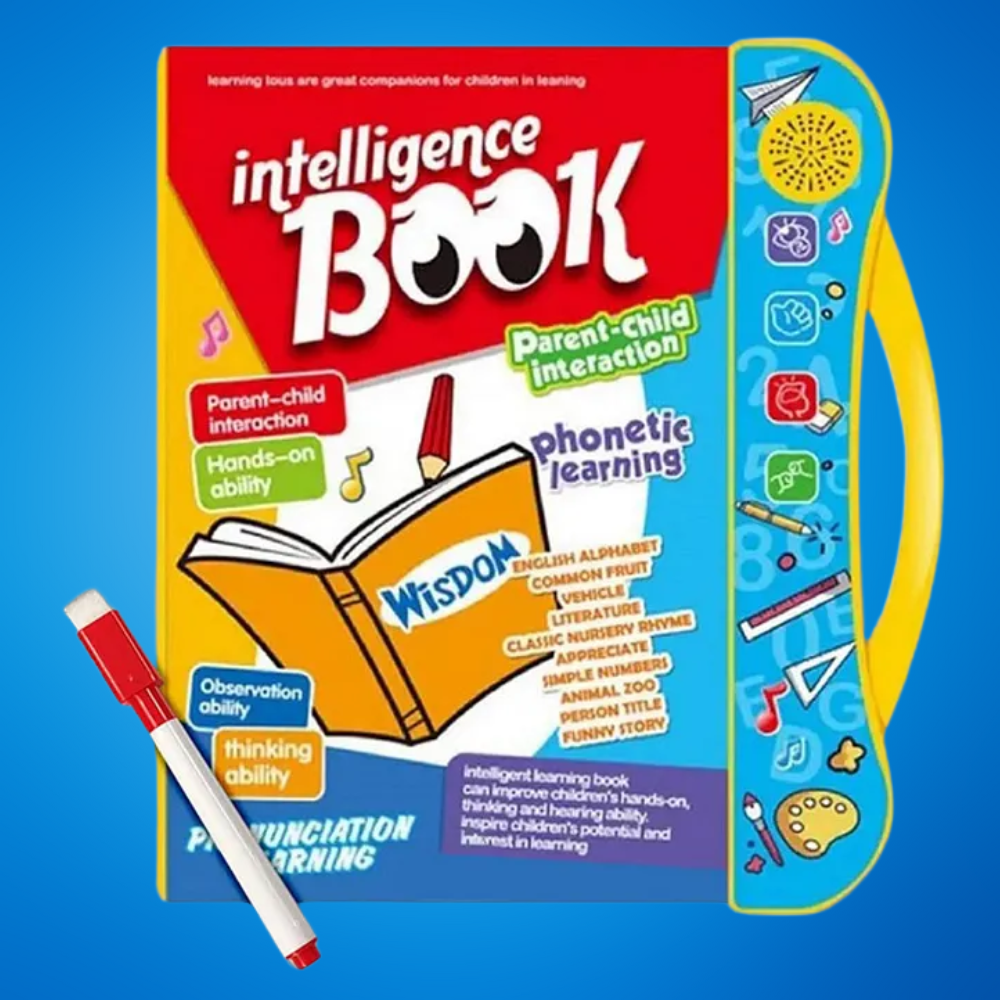 Interactive intelligence learning book for kids with sound buttons and marker, promotes phonetic learning, alphabet, numbers, fruits, and parent-child interaction.