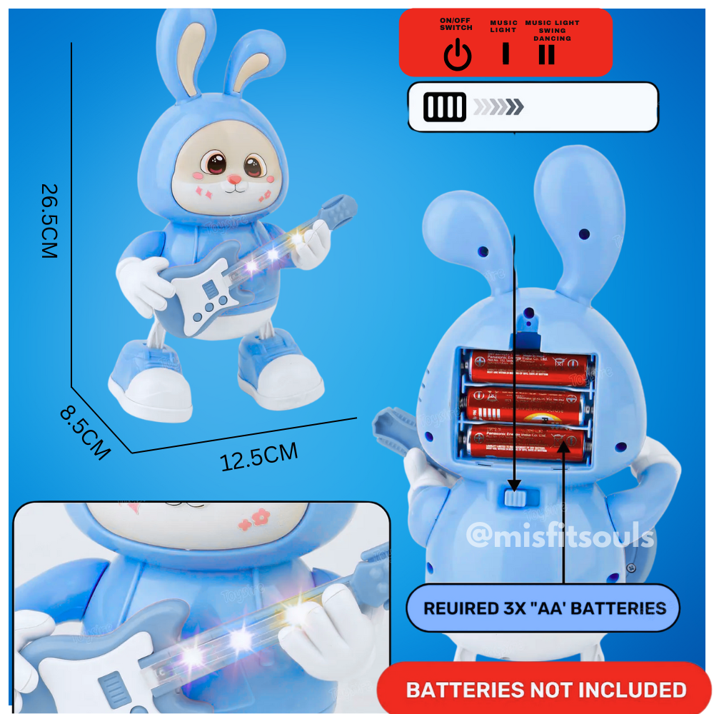 Blue bunny guitar toy with flashing lights and music – battery-operated dancing toy for kids, requires 3 AA batteries (not included)