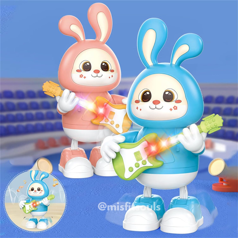 Blue and pink bunny musical toys with glowing guitars – light-up dancing rabbit toys for toddlers and kids