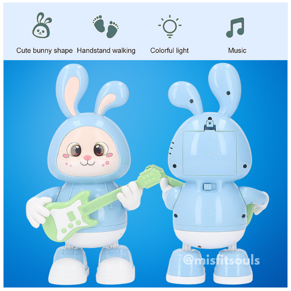 Front and back view of musical bunny toy – interactive light-up rabbit with handstand walking, guitar sounds, and colorful LED lights | educational toy for toddlers | @misfitsouls