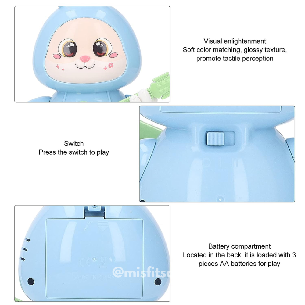 Blue rabbit musical toy with soft lights, switch control, and battery compartment – sensory toy for toddlers