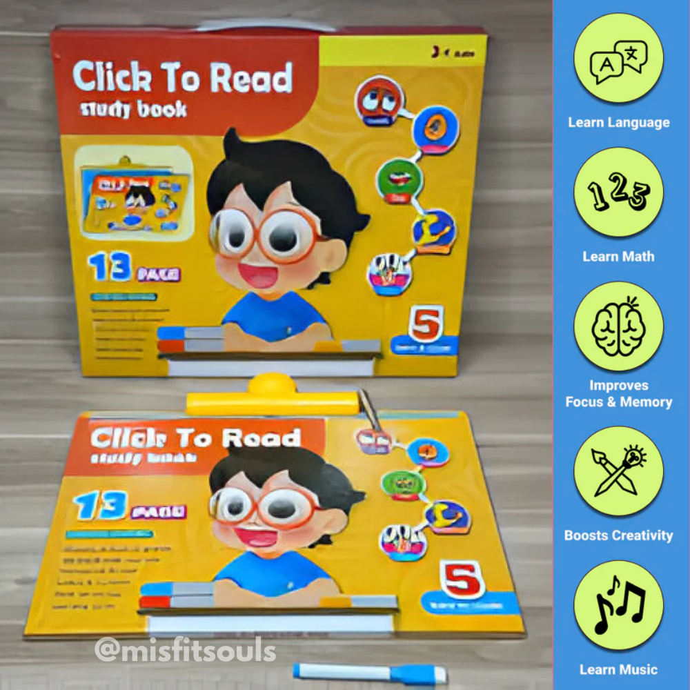 Misfit TinyThinker™ Click To Read study book with 13 interactive pages, pen, and learning features for kids, shown with benefits like learning language, math, music, boosting creativity, and improving focus.