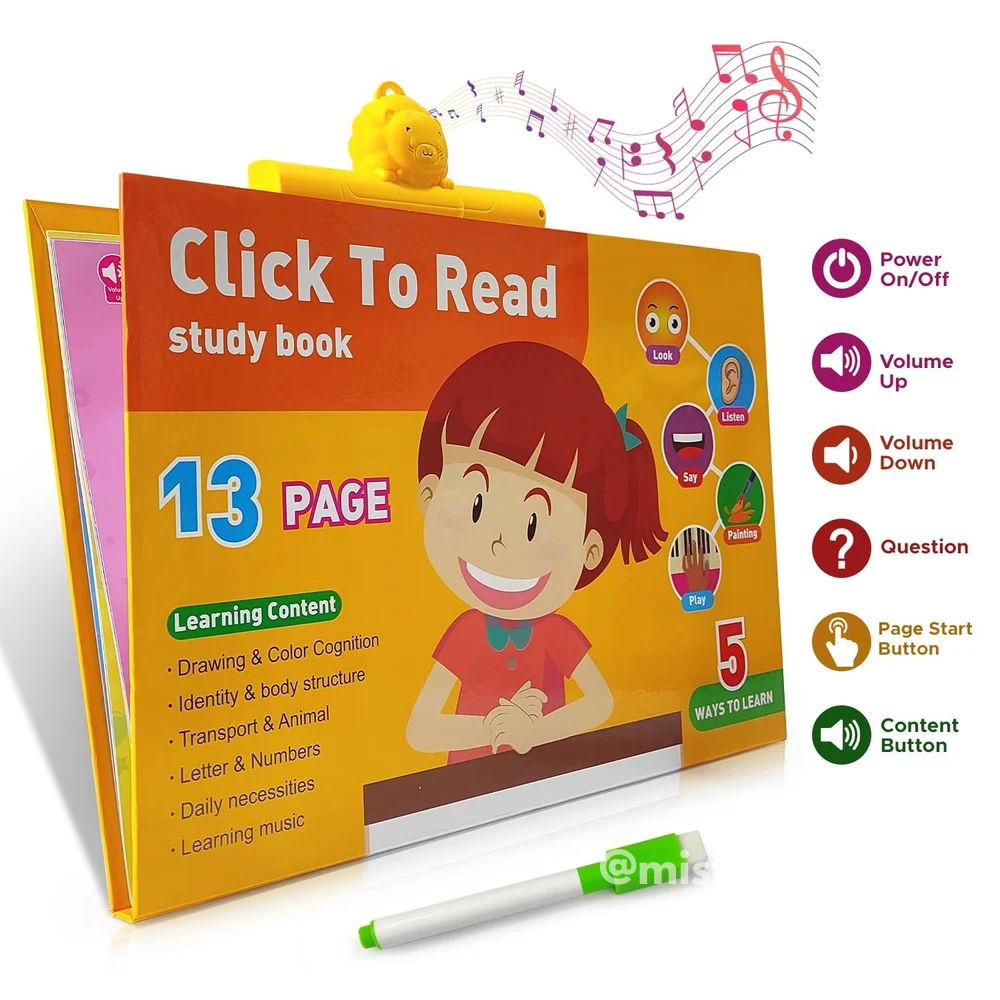 Misfit TinyThinker™ Click To Read interactive study book with sound pen, 13 learning pages, music notes, and buttons for power, volume, questions, and content – fun educational toy for kids.