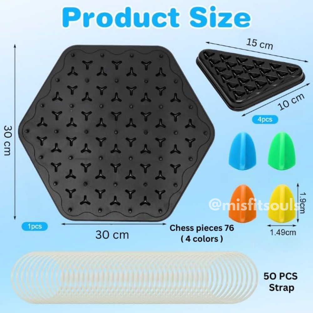 Puzzle Geometry Chess product dimensions – 30x30 cm board, 76 colorful chess pieces, and 50 elastic ropes included in this logic-based strategy game.
