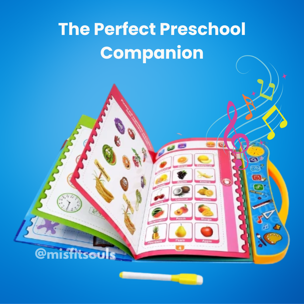 Interactive talking sound book for preschool kids with colorful educational pages, music icons, and touch pen for early learning