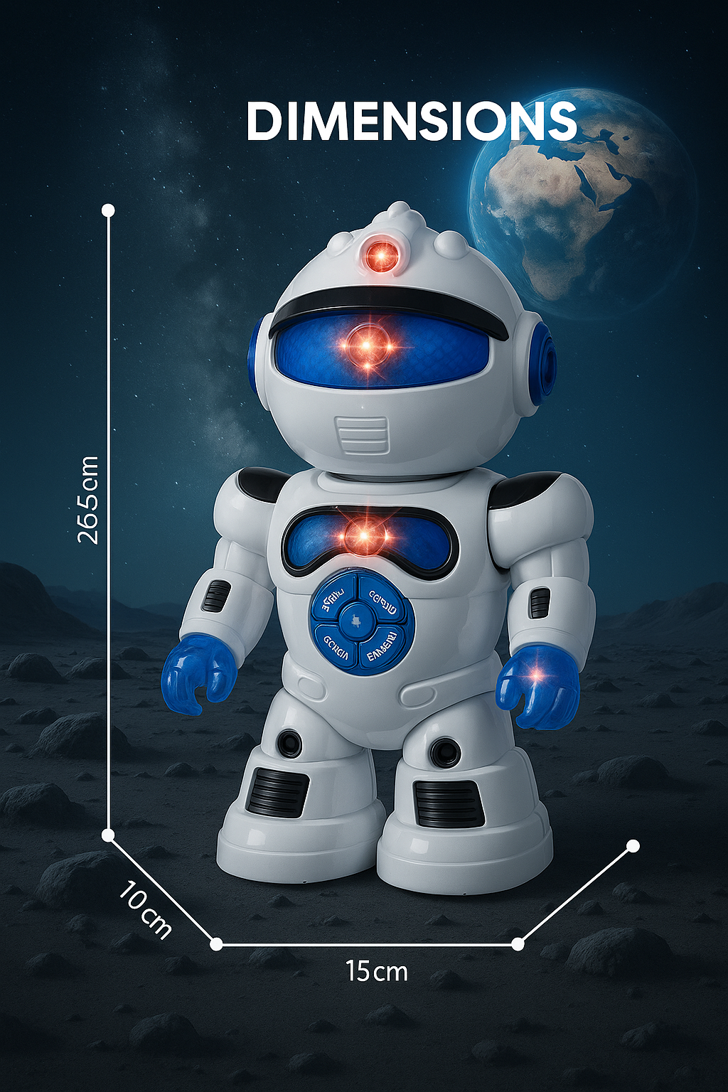 White and blue robot toy for kids with glowing lights, placed on a moon-like surface with Earth and galaxy background – size dimensions shown (26.5 cm height, 15 cm width, 10 cm depth).