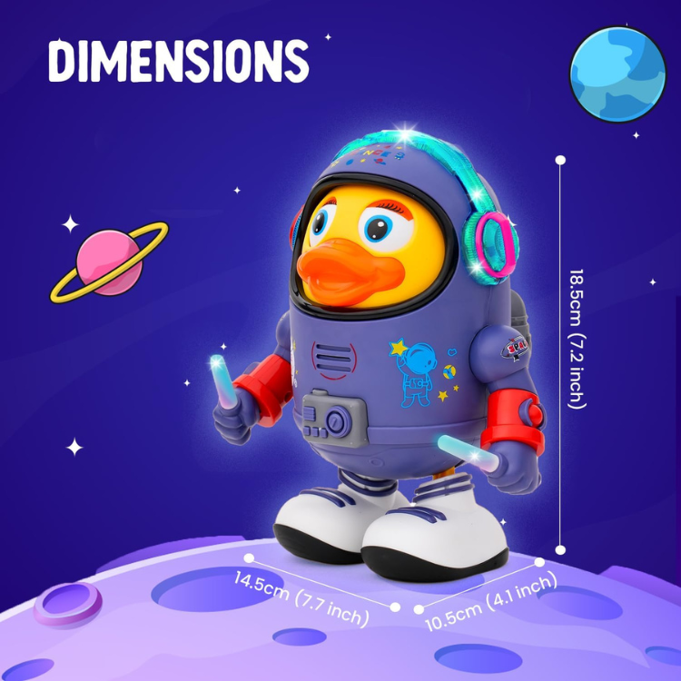 Dimensions of Dazzle Duck toy with size chart and measurements