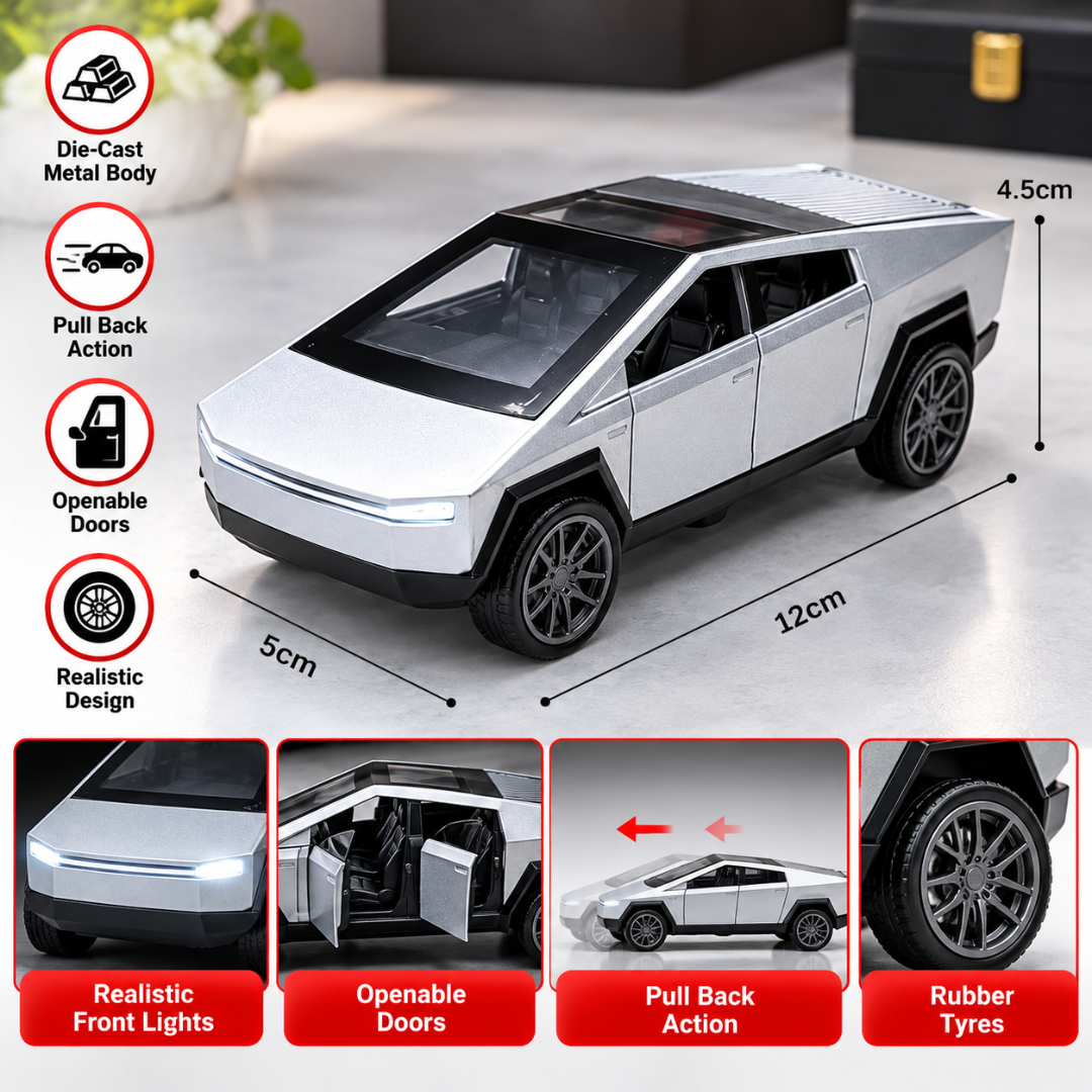 Misfit Die-Cast Tesla Cybertruck-Style Electric Pickup Truck | Openable Doors | Pull Back Action