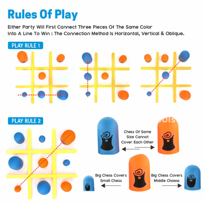 Rules of Gobble Game showing colorful tic-tac-toe board with stacking pieces in orange and blue. Instructions for winning by connecting three pieces in a row and size-based stacking rules.