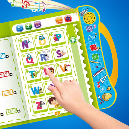 Child interacting with talking alphabet page in an educational sound book, pressing letter buttons to learn phonics, pronunciation, and word association.