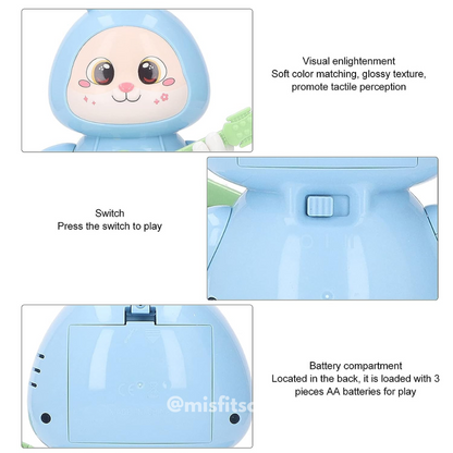Blue rabbit musical toy with soft lights, switch control, and battery compartment – sensory toy for toddlers