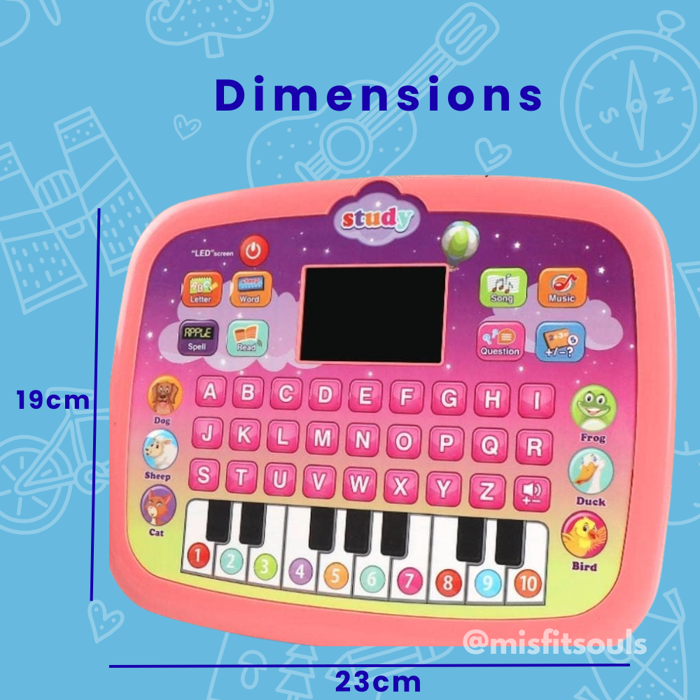 Pink learning tablet dimensions labeled 23 cm wide by 19 cm tall with piano keys and alphabet buttons