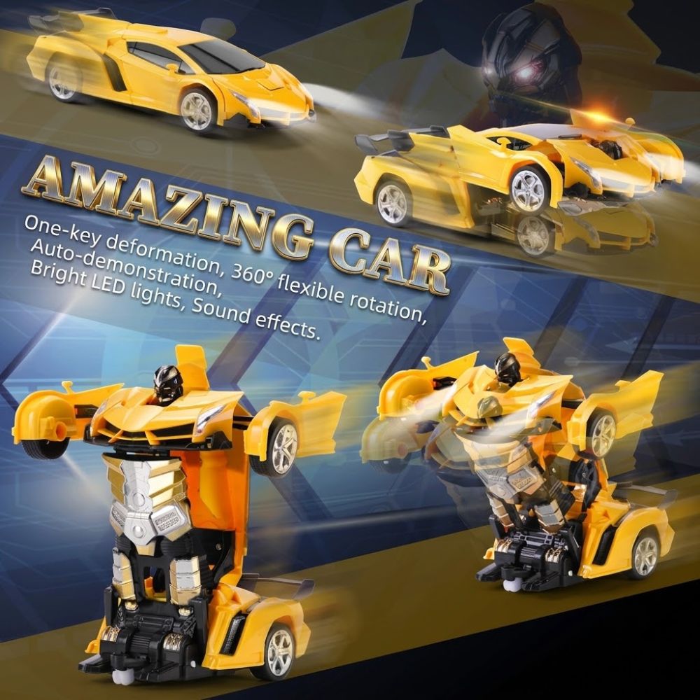 A yellow and black transforming toy car shown in multiple poses, including sports car and robot forms, with promotional text reading 'AMAZING CAR' and feature callouts on a dark blue graphic background.