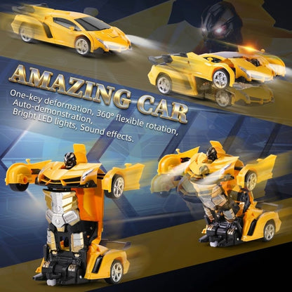 A yellow and black transforming toy car shown in multiple poses, including sports car and robot forms, with promotional text reading 'AMAZING CAR' and feature callouts on a dark blue graphic background.