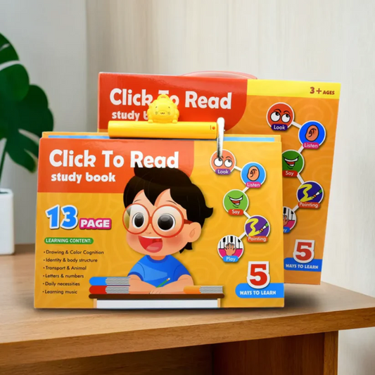 Misfit TinyThinker™ Click To Read study book for kids with 13 colorful pages, learning pen, and five interactive ways to learn including look, listen, say, point, and play, placed on a wooden table.