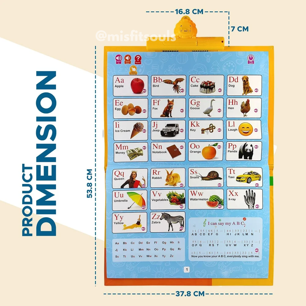 Educational alphabet chart with dimensions on a beige background
