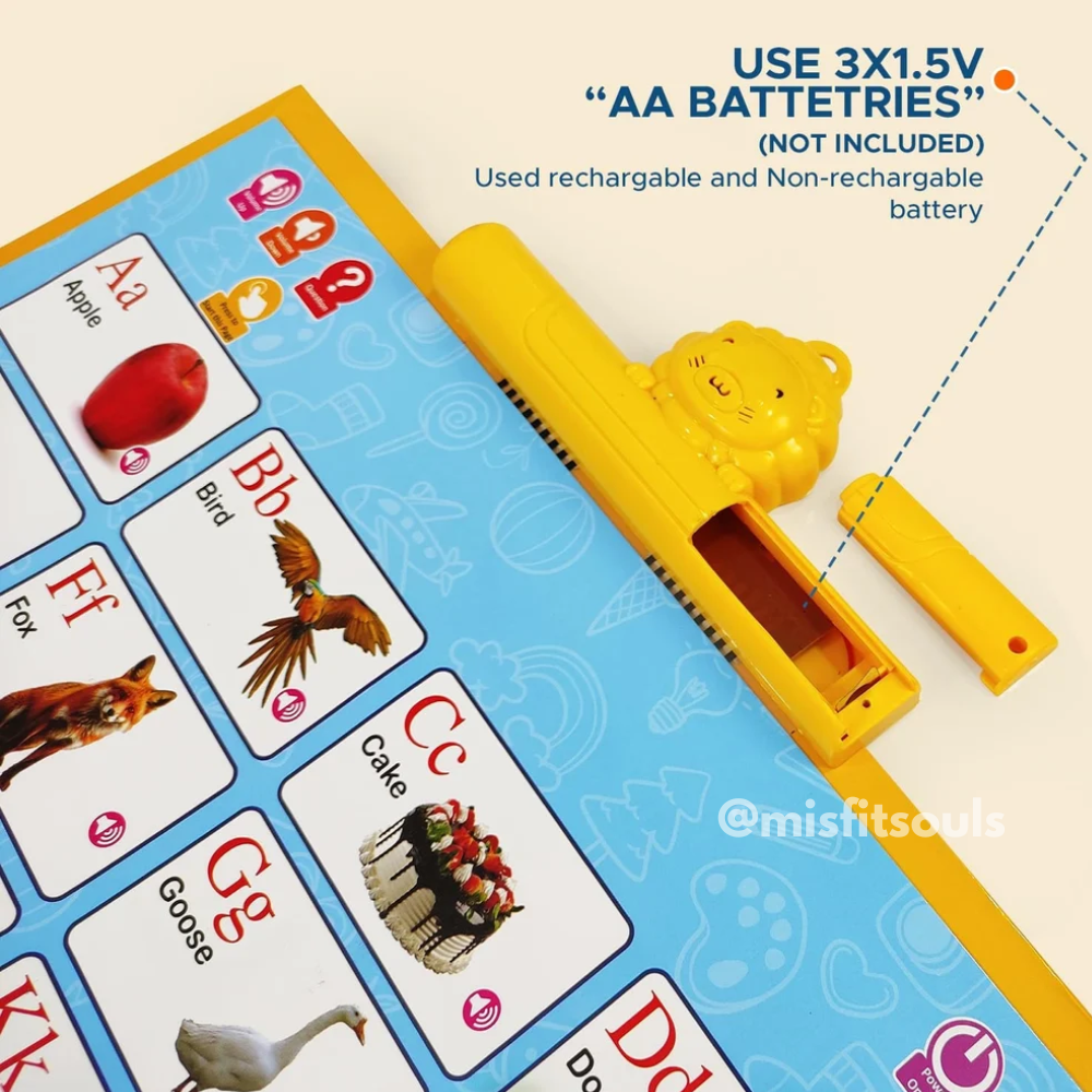Educational toy with alphabet cards and a yellow lion-shaped pointer on a beige background.