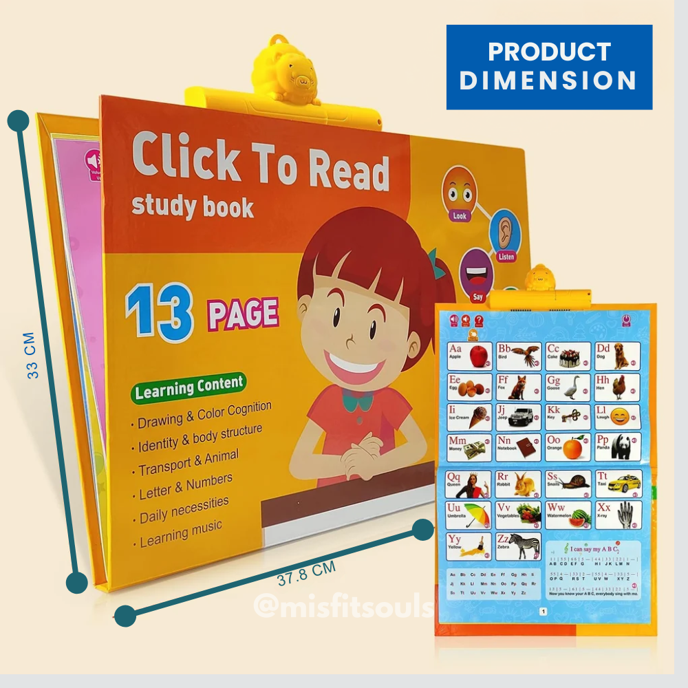 Children's educational book titled 'Click To Read' with a chart on a beige background