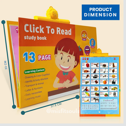 Children's educational book titled 'Click To Read' with a chart on a beige background
