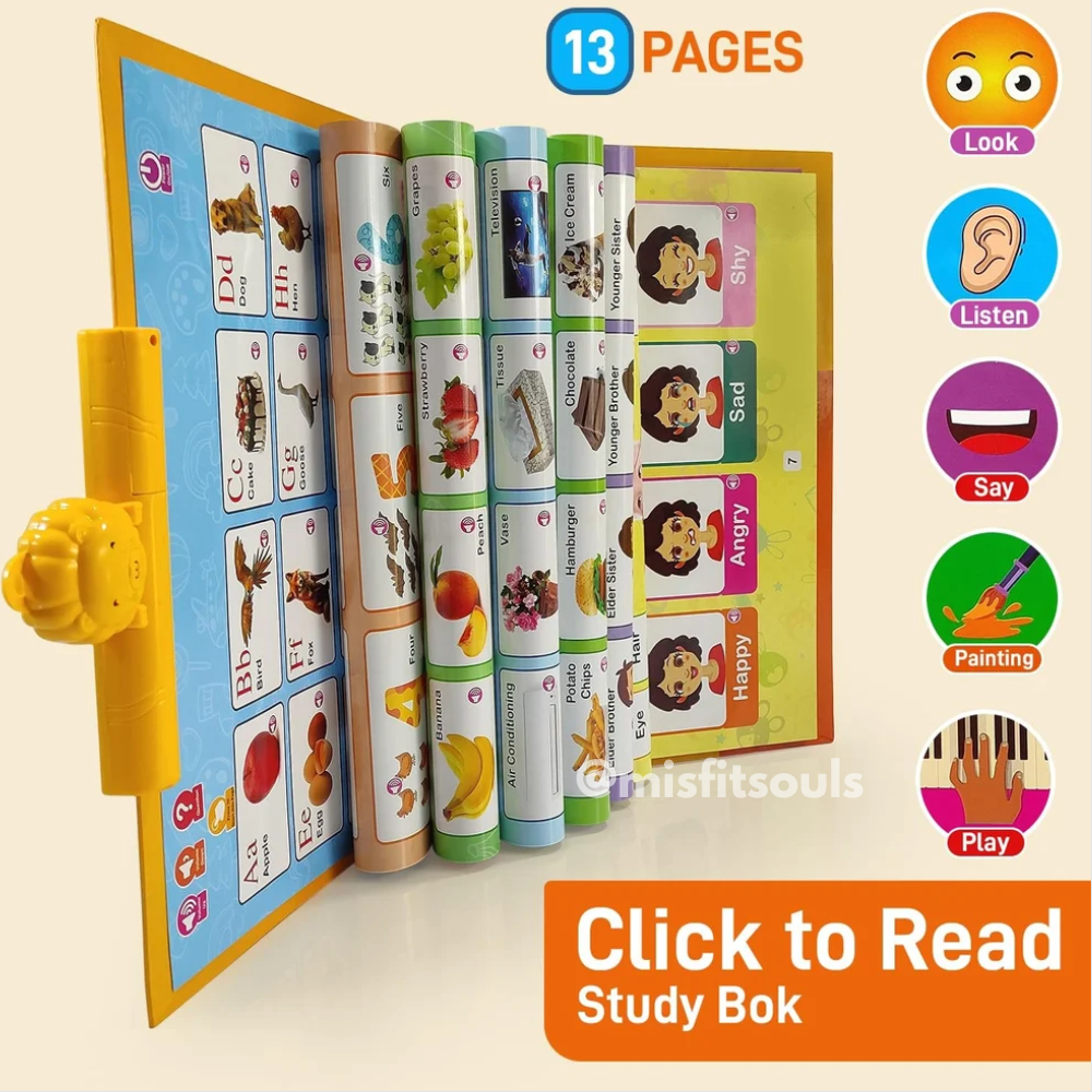 Children's educational book with colorful pages and interactive elements on a beige background.