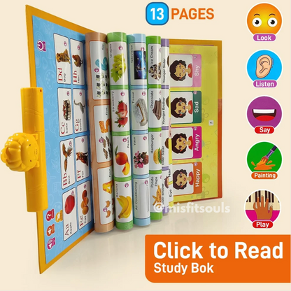 Children's educational book with colorful pages and interactive elements on a beige background.