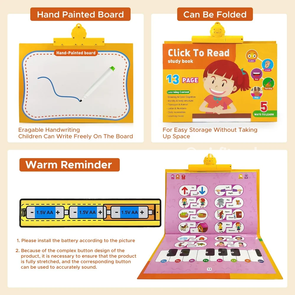 Educational toy with hand-painted board, foldable book, and piano keyboard on a beige background.