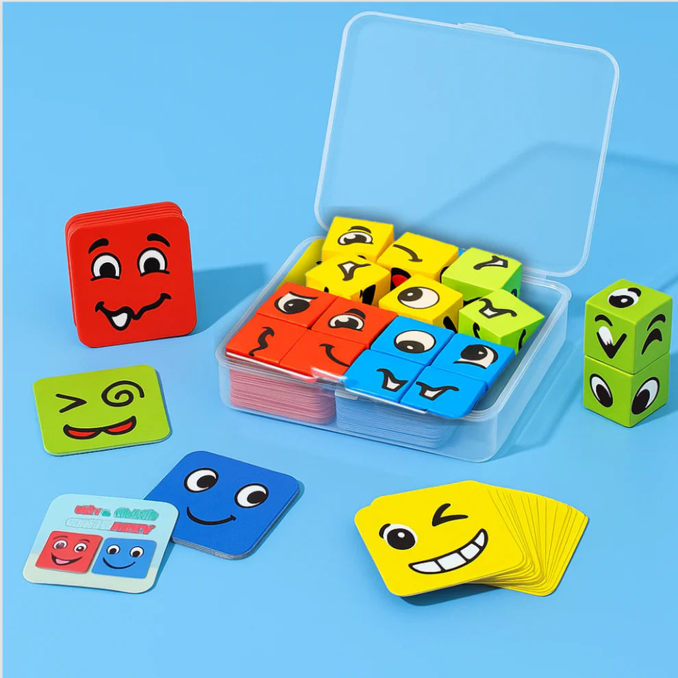 Educational emoji expression matching game with colorful face blocks and cards for kids
