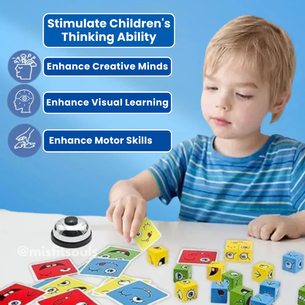 Boy playing educational face expression matching game for kids - enhance motor skills and creativity