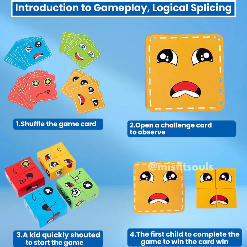 Step-by-step instructions for logical emoji face matching puzzle - fun kids game