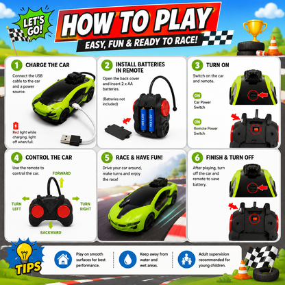 Misfit Turbo Racer RC Car with Remote Control, Rechargeable Battery & LED Lights