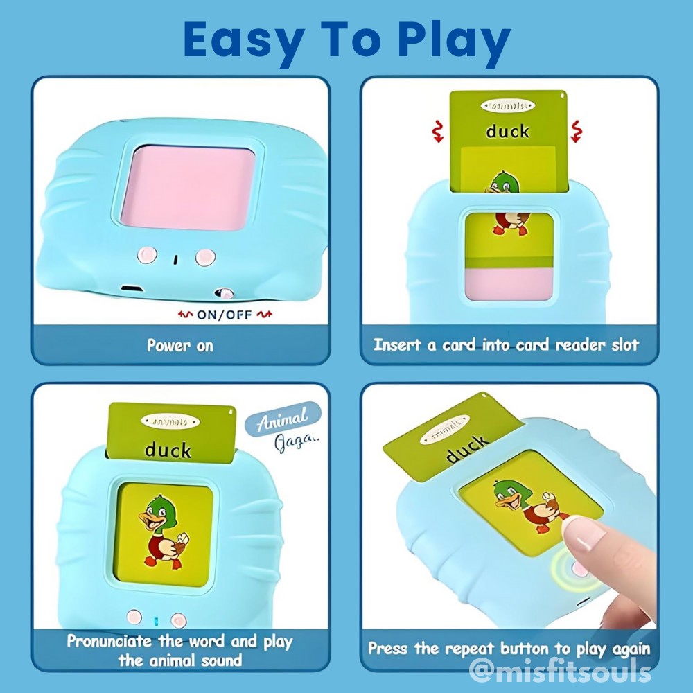 Child-friendly tutorial steps showing how to power on card reader device, insert word card, hear pronunciation and replay using the repeat button.
