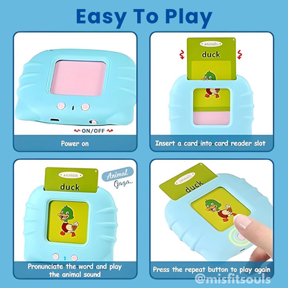 Child-friendly tutorial steps showing how to power on card reader device, insert word card, hear pronunciation and replay using the repeat button.