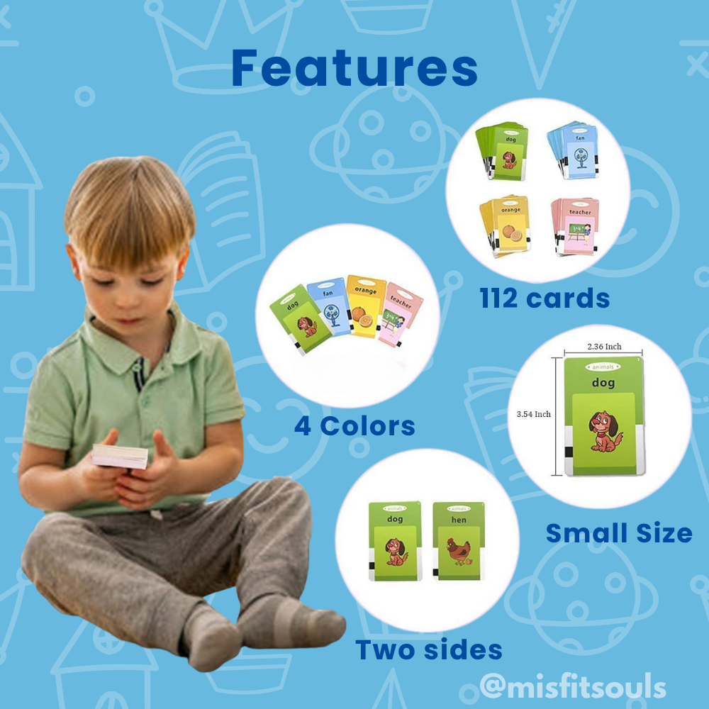 Colorful stack of 112 flash cards in four colors, double-sided and toddler-sized, demonstrating word learning with a seated child"