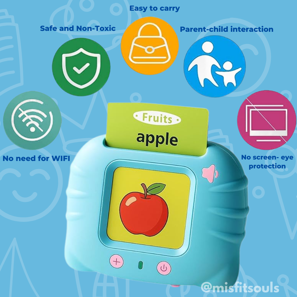 Card reader toy highlighting safe, non‑toxic material, easy to carry, no Wi‑Fi requirement, parent‑child interaction and screen‑free play