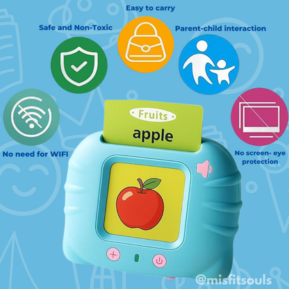 Card reader toy highlighting safe, non‑toxic material, easy to carry, no Wi‑Fi requirement, parent‑child interaction and screen‑free play