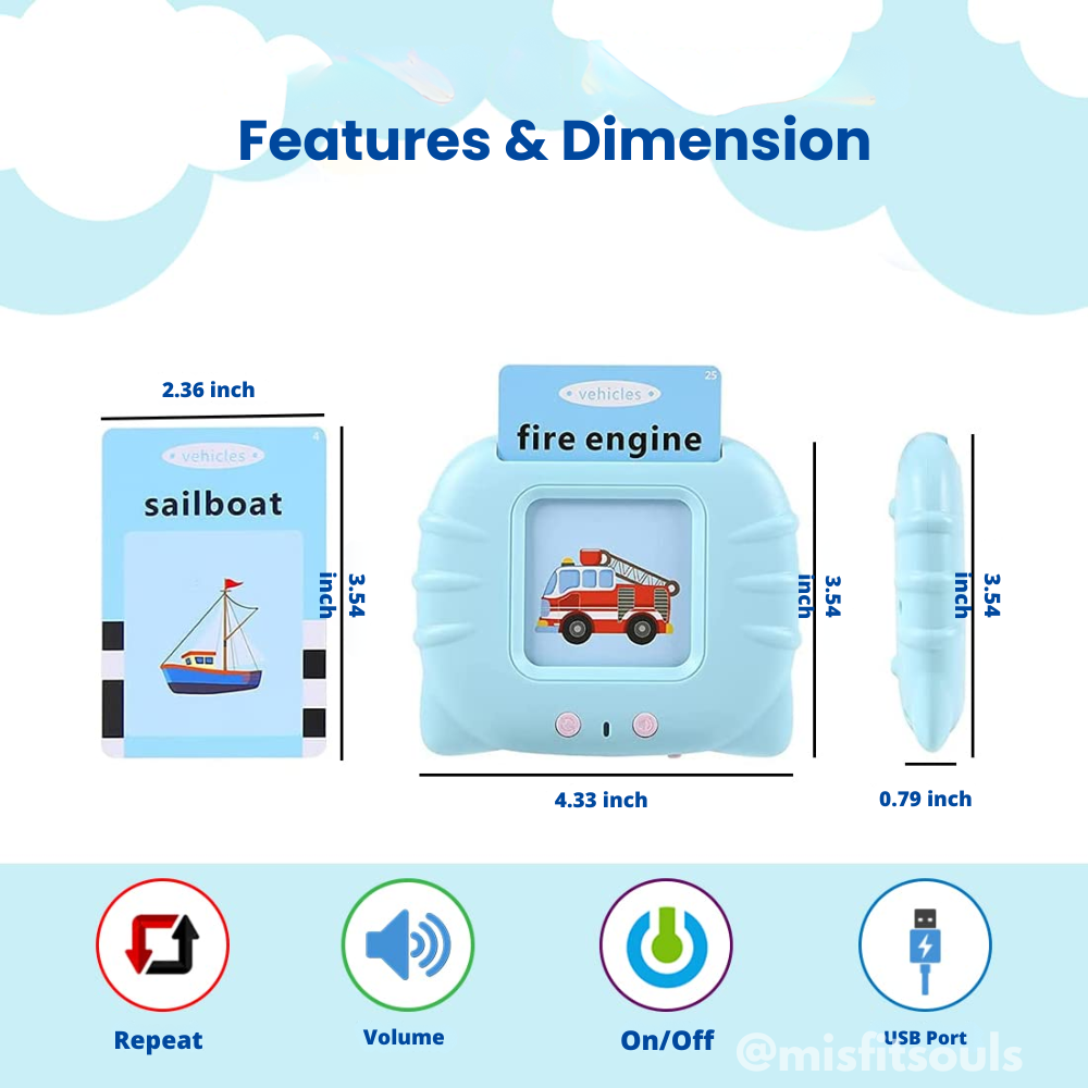 Blue card reader measuring 4.33 in wide × 3.54 in tall × 0.79 in deep, with a 'fire engine' card demonstrating size of flash cards