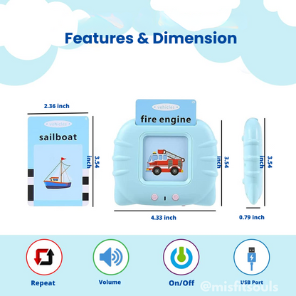 Blue card reader measuring 4.33 in wide × 3.54 in tall × 0.79 in deep, with a 'fire engine' card demonstrating size of flash cards