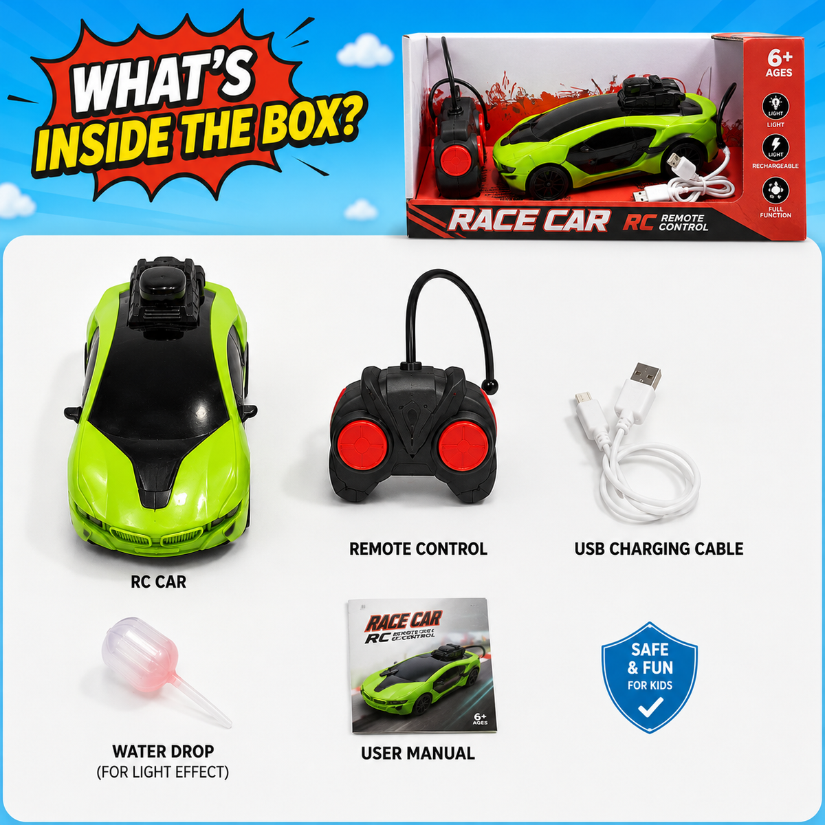 Misfit Turbo Racer RC Car with Remote Control, Rechargeable Battery & LED Lights